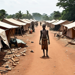 **A Central African Republic village destroyed by conflict. Displaced civilians seeking refuge in a makeshift camp, highlighting the humanitarian crisis with desperation in their eyes.** (This prompt reflects the mass displacement and humanitarian crisis described.)
