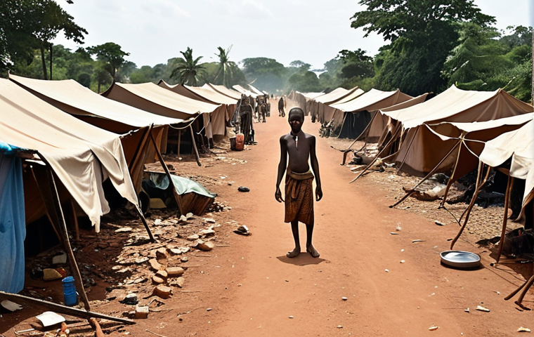 **A Central African Republic village destroyed by conflict. Displaced civilians seeking refuge in a makeshift camp, highlighting the humanitarian crisis with desperation in their eyes.** (This prompt reflects the mass displacement and humanitarian crisis described.)